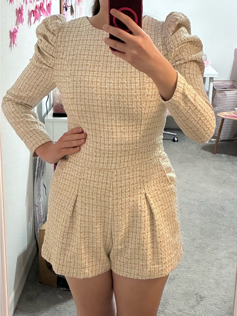 TCEC Long Puff Sleeve Tweed Romper